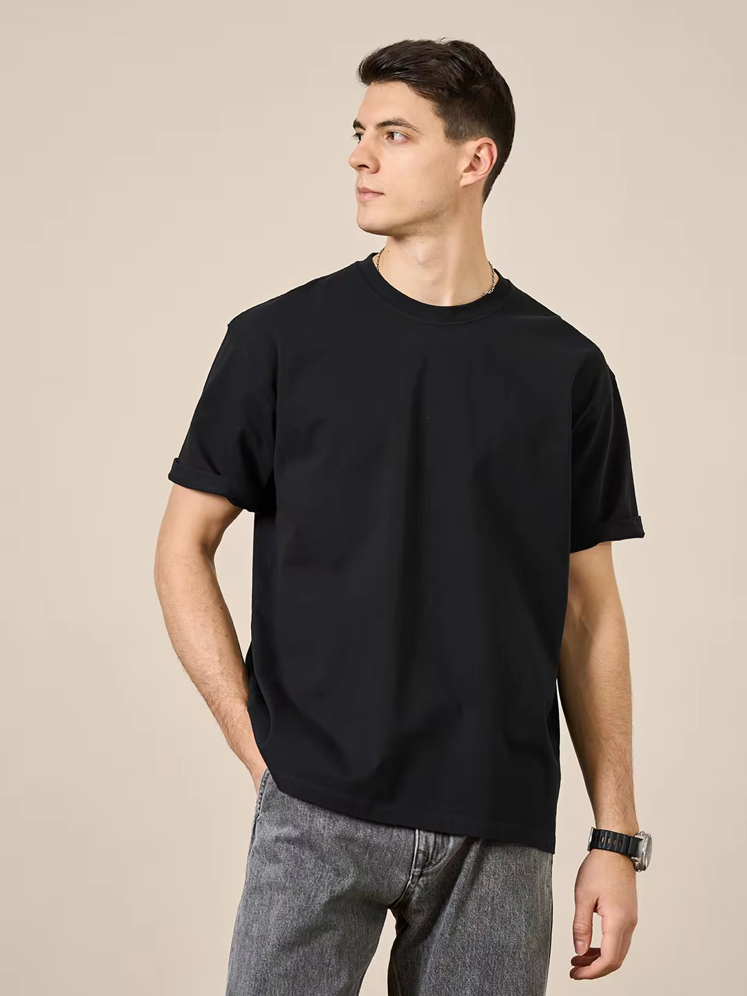 2025 Summer New 250G 100% Cotton Fabric T-Shirt Men High Quality Solid Color Drop Sleeve Loose Tshirts Oversize Tops